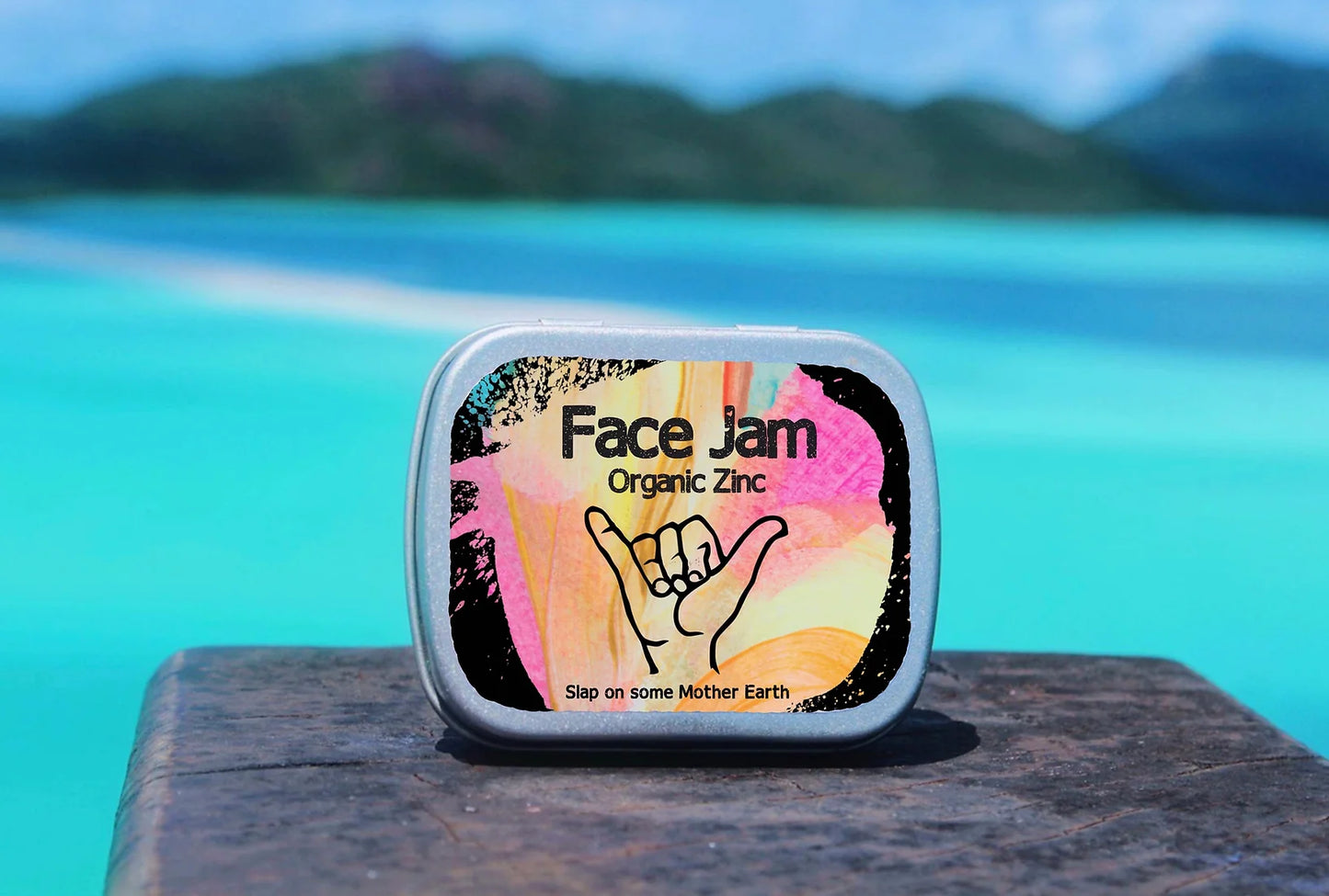 Reef-safe and cruelty-free organic zinc sunscreen in a compact, travel-friendly tin.