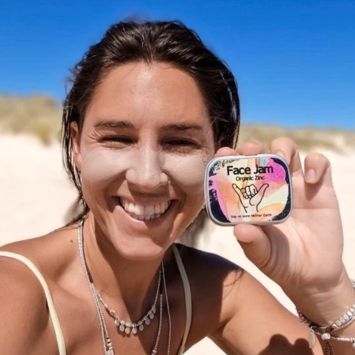 Face Jam Organic Zinc 40g container, offering natural barrier protection for outdoor enthusiasts.